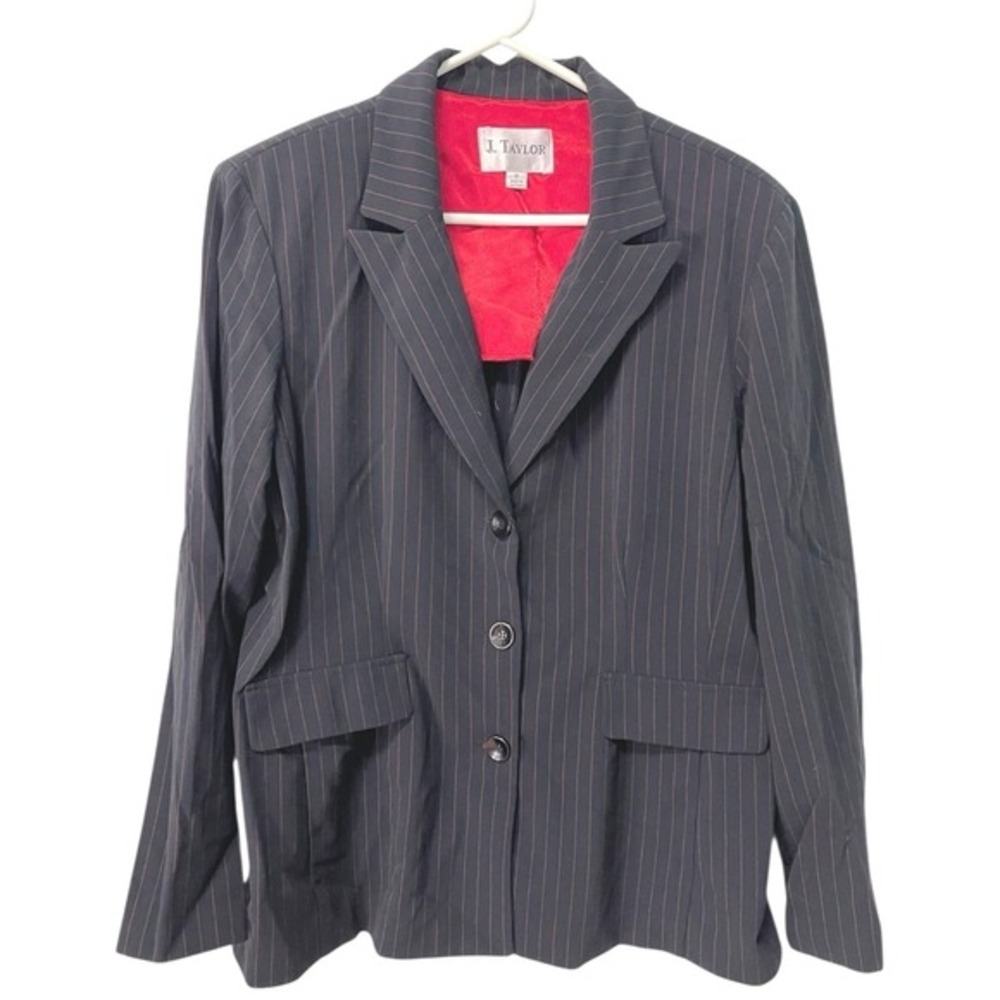 J. Taylor 18 Navy Blue Pinstripe Blazer Jacket Red‎ Lining Office Dark Academia